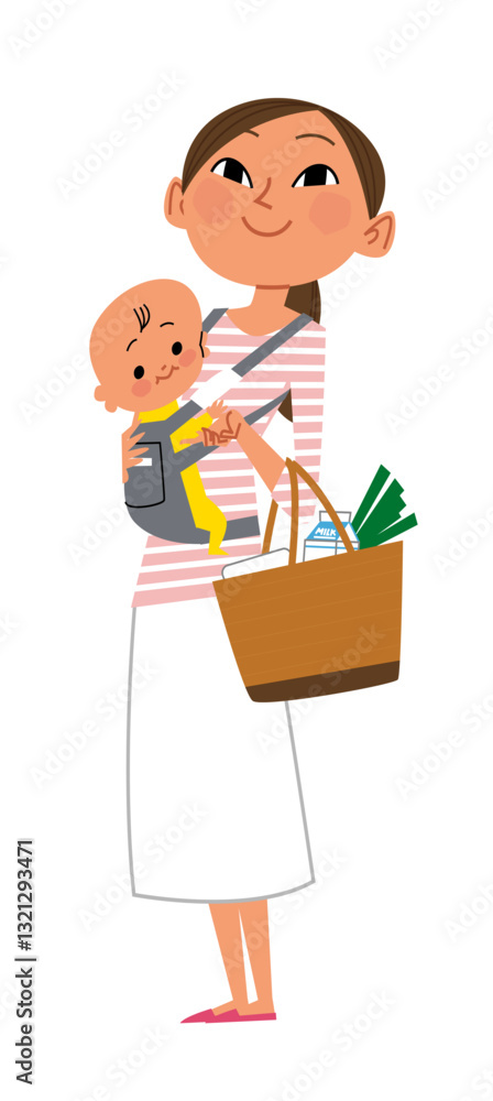 赤ん坊を連れて買い物をする女性 赤ん坊を連れて買い物をする女性