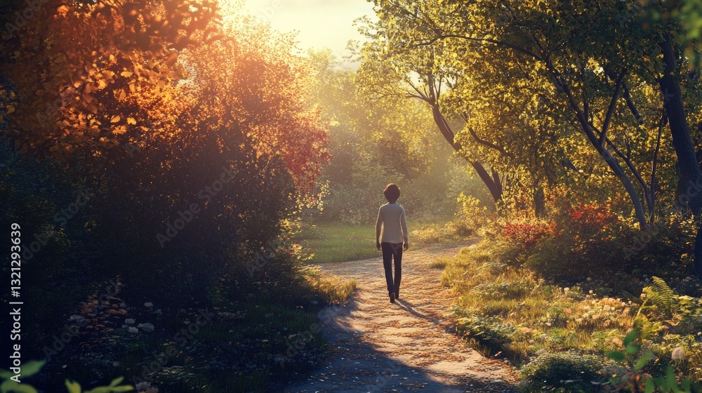 Fototapeta premium A person walks along a winding forest path, surrounded by trees and underbrush