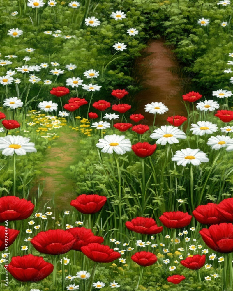 Obraz premium A field of red and white wildflowers blooming along a country road creating a beautiful scenic view of natural beauty