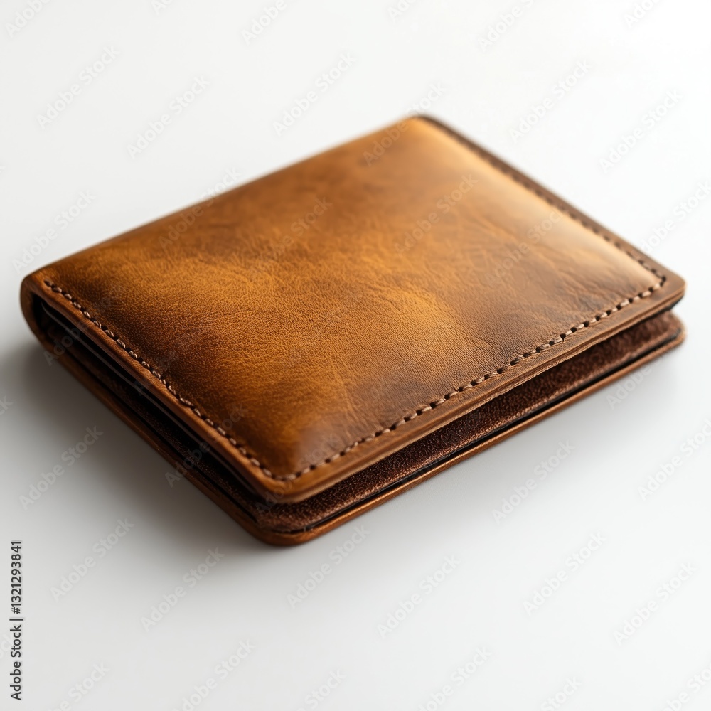 Closed brown leather bifold wallet resting on a white background, showcasing craftsmanship and minimalist design Closed brown leather bifold wallet resting on a white background, showcasing craftsmanship and minimalist design