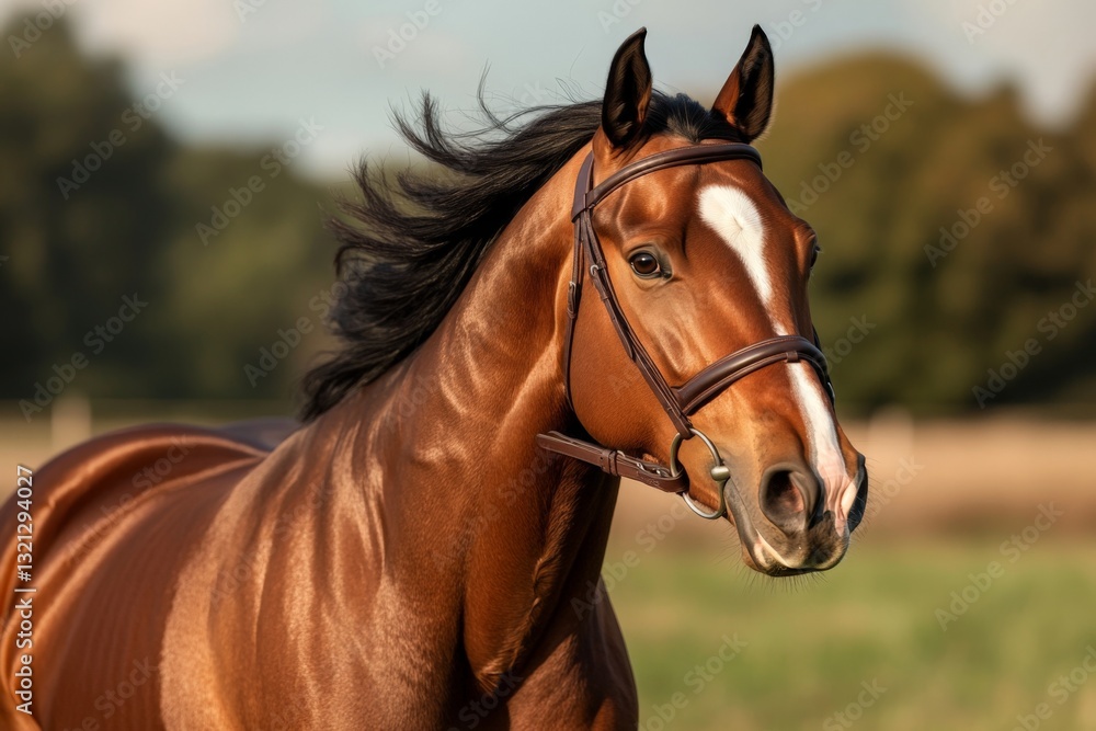Fototapeta premium Majestic brown horse with flowing mane stands gracefully in green pasture under a clear blue sky in the late afternoon