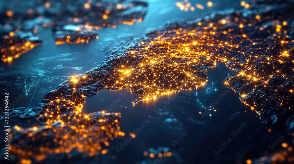 Obraz premium Aerial view of Europe at night showcasing illuminated cities and landscapes, with a starry sky in the background