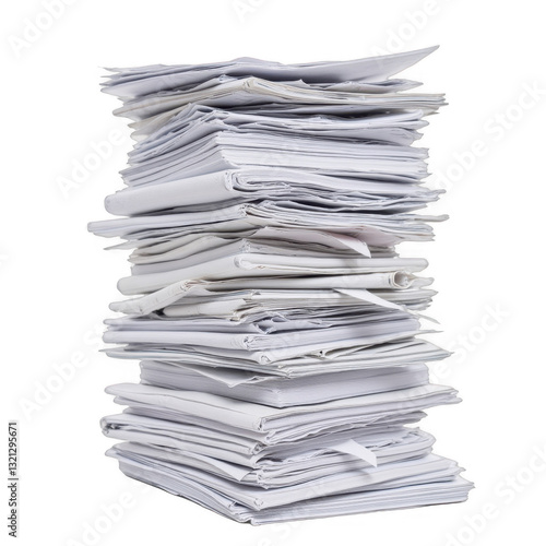 Tall stack of white paper documents, disorganized paperwork pile on a clean surface, ideal for office themes and organization tips. Isolated on white background or PNG