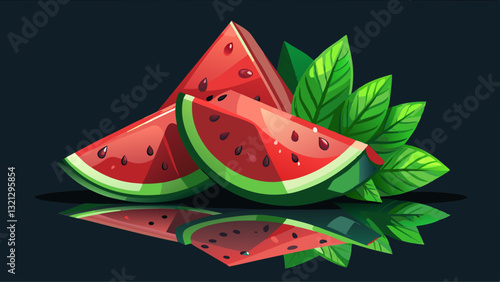 Fresh watermelon slices on a reflective surface, adorned with mint leaves, creating an inviting and refreshing image against a dark, contrasting background