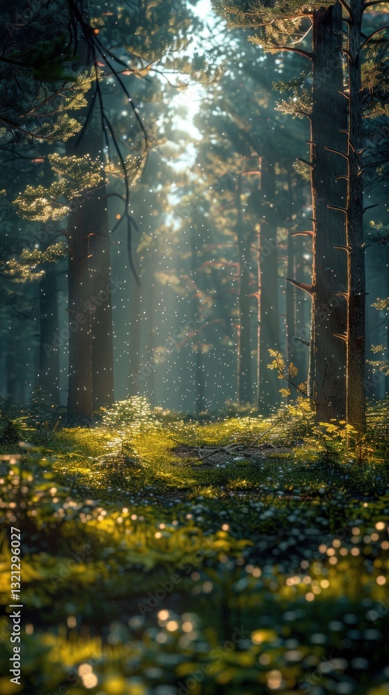 Fototapeta premium Sunlight path through misty forest floor