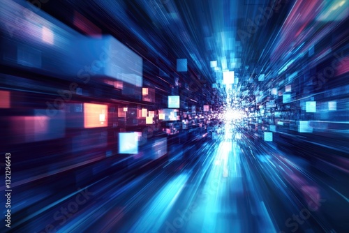 Dynamic digital tunnel of data cubes.  Blurred motion creates a sense of speed and connectivity