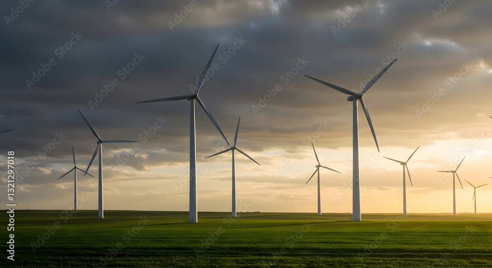 Wind Turbines on Green Fields at Sunset with Dramatic Clouds Wind Turbines on Green Fields at Sunset with Dramatic Clouds