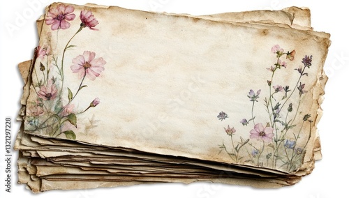 Stack of aged paper with floral design