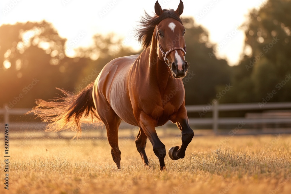 Obraz premium Horse galloping freely in a sunlit field during golden hour in a rural setting