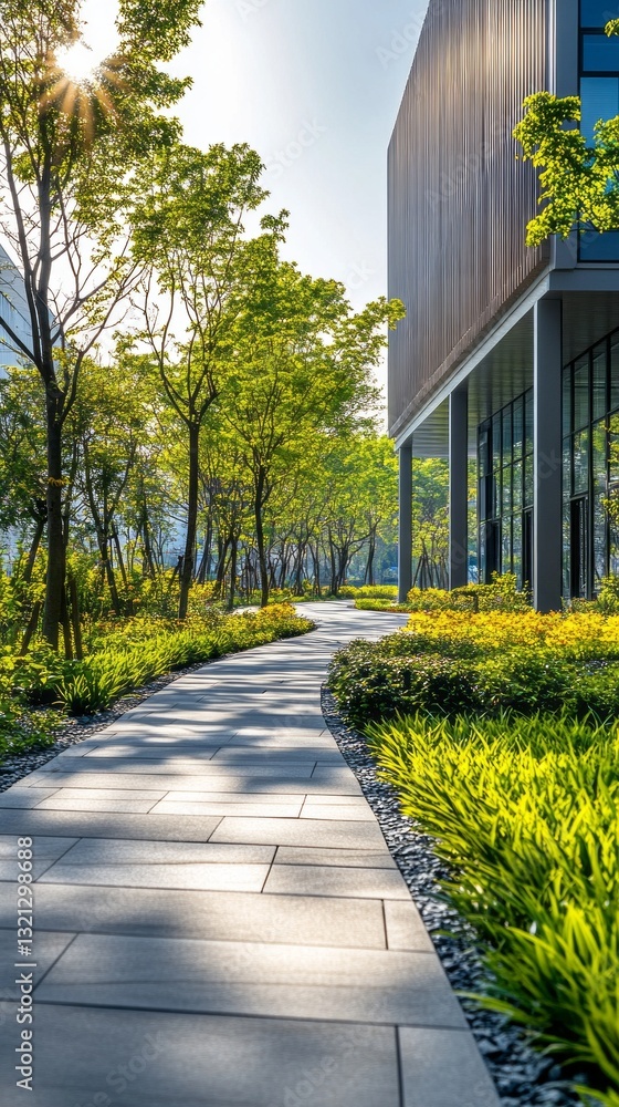 Obraz premium A winding pathway surrounded by vibrant green plants leads to a sleek building. Sunlight filters through tree branches, casting gentle shadows on the stones