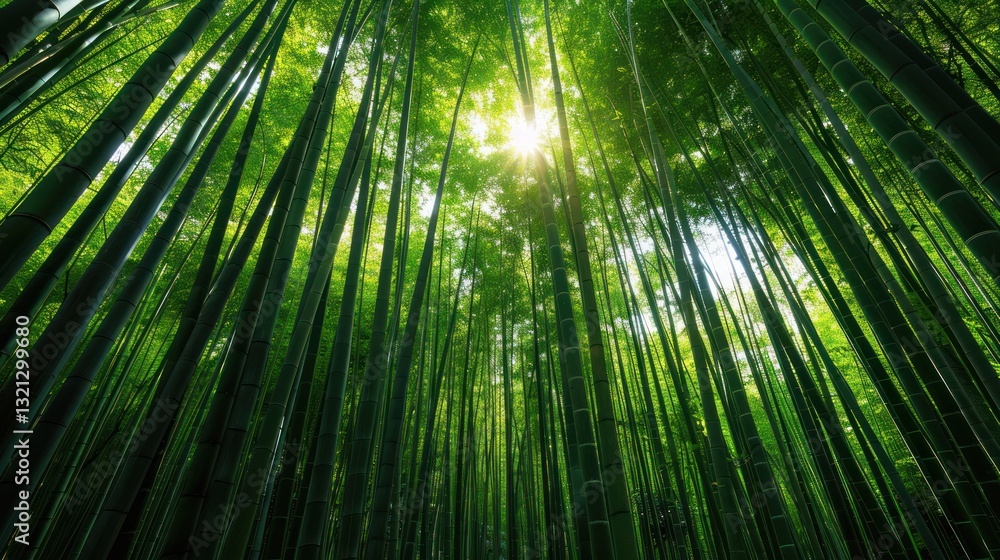 Sunlight Piercing Dense Bamboo Forest