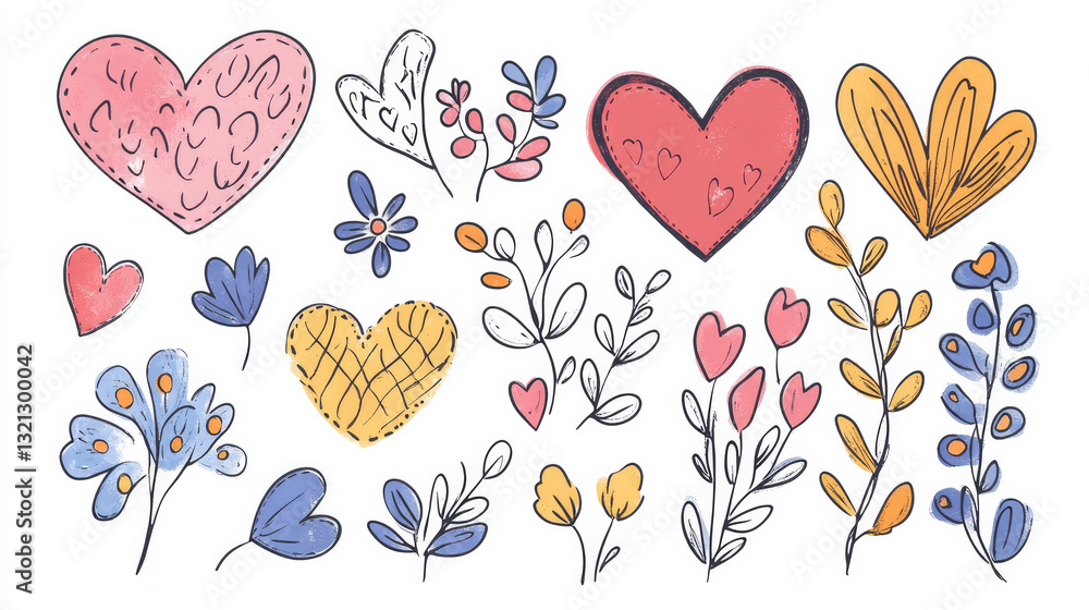 Decorated with flowers and abstract hearts. illustration in the doodling style using vectors. On a white background, isolated Decorated with flowers and abstract hearts. illustration in the doodling style using vectors. On a white background, isolated
