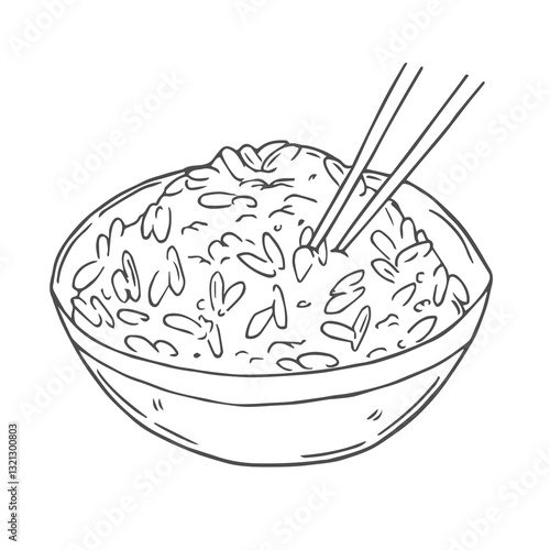 Rice bowl outline drawing isolated on white background. Doodle asian food icon or logo. Black and white vector illustration.