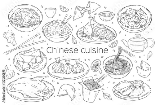 Chinese cuisine outline icon set. Asian food engraved monochrome vector illustration. Mapo tofu, rice, peking duck, dumplings, fortune cookies, wonton, wonton soup, springs rolls and noodle soup.