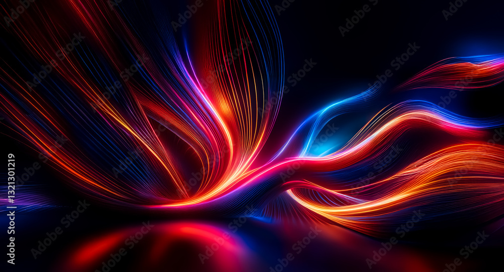 Naklejka premium Vibrant streaks of red, orange, and blue light gracefully curve and flow against a dark backdrop, creating a dynamic and abstract composition with a reflective surface.