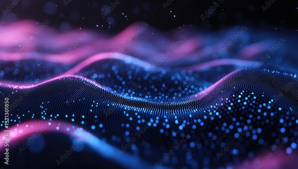 Abstract digital landscape of undulating particles in vibrant colors. A mesmerizing display of data points flowing and rippling across the dark background Abstract digital landscape of undulating particles in vibrant colors. A mesmerizing display of data points flowing and rippling across the dark background