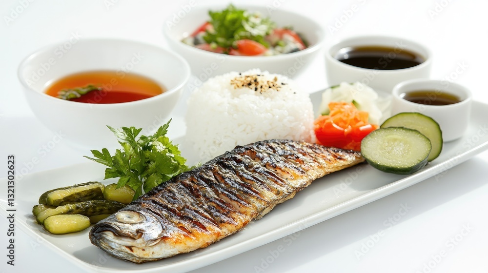 Grilled Fish Dish with Rice and Fresh Vegetables on Modern Platter Grilled Fish Dish with Rice and Fresh Vegetables on Modern Platter