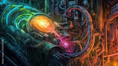 A surreal blend of biomechanical technology, featuring neon cyber veins background wallpaper AI generated image