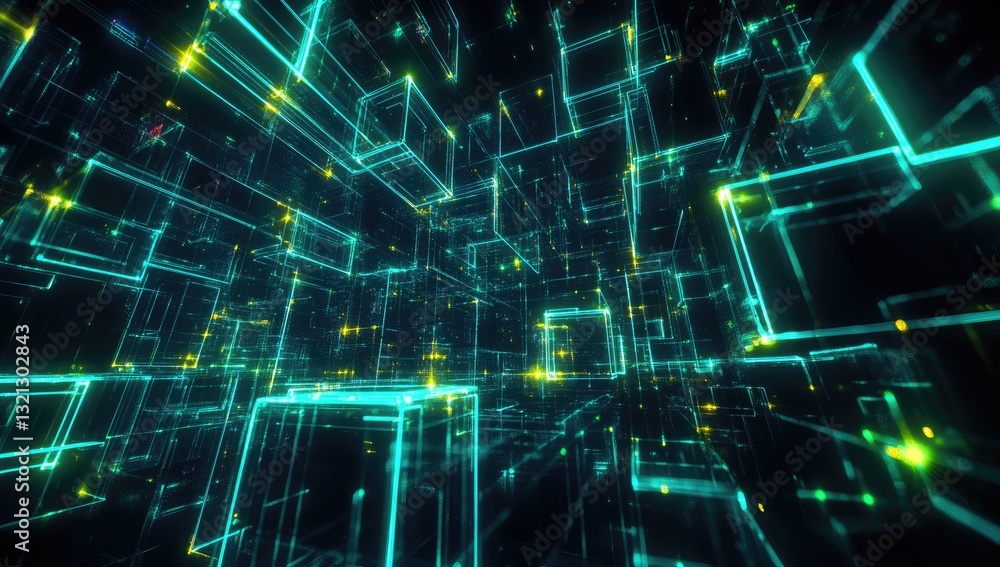 Digital city, glowing turquoise and yellow cubes in a complex network Digital city, glowing turquoise and yellow cubes in a complex network