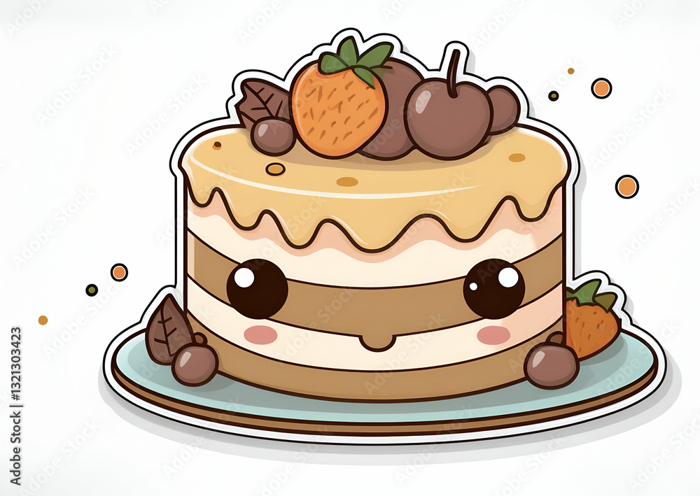 A Charming Layer Cake With Kawaii Eyes And A Sweet Caramel Glaze, Adorned With Chocolate Candies And Strawberries, Sits On A Light Teal Plate, A Delightful Dessert Illustration A Charming Layer Cake With Kawaii Eyes And A Sweet Caramel Glaze, Adorned With Chocolate Candies And Strawberries, Sits On A Light Teal Plate, A Delightful Dessert Illustration