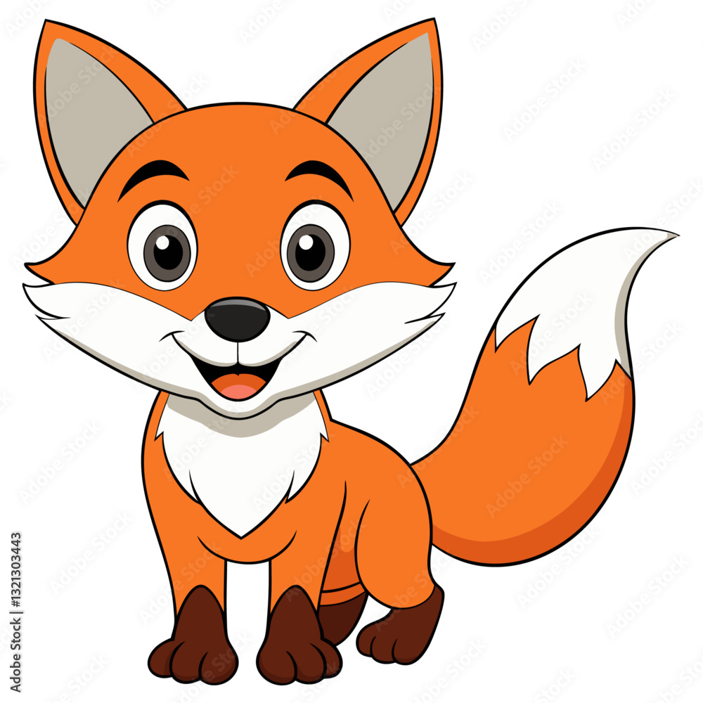Fototapeta premium Cute cartoon fox with big eyes, fluffy tail, and happy expression.