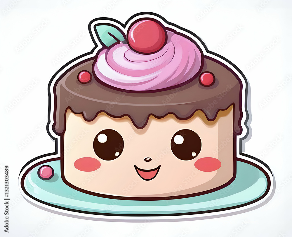 A Cheerful Cake Character With Chocolate Frosting And Pink Icing, Beaming A Joyful Smile, Sits Prettily On A Teal Plate With A Simple, Cute Design A Cheerful Cake Character With Chocolate Frosting And Pink Icing, Beaming A Joyful Smile, Sits Prettily On A Teal Plate With A Simple, Cute Design