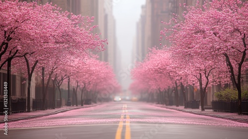A breathtaking city street lined with pink cherry blossom trees, creating a dreamy spring atmosphere