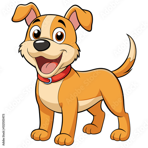 Cute cartoon dog with big smile and wagging tail wearing a red collar.