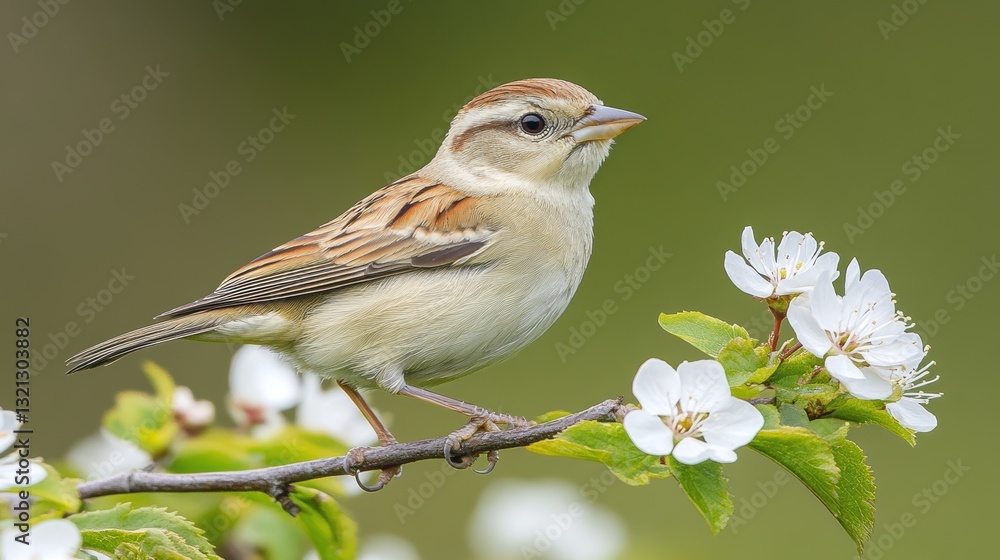 A tiny sparrow perched on a branch with delicate white blossoms, surrounded by soft greenery A tiny sparrow perched on a branch with delicate white blossoms, surrounded by soft greenery