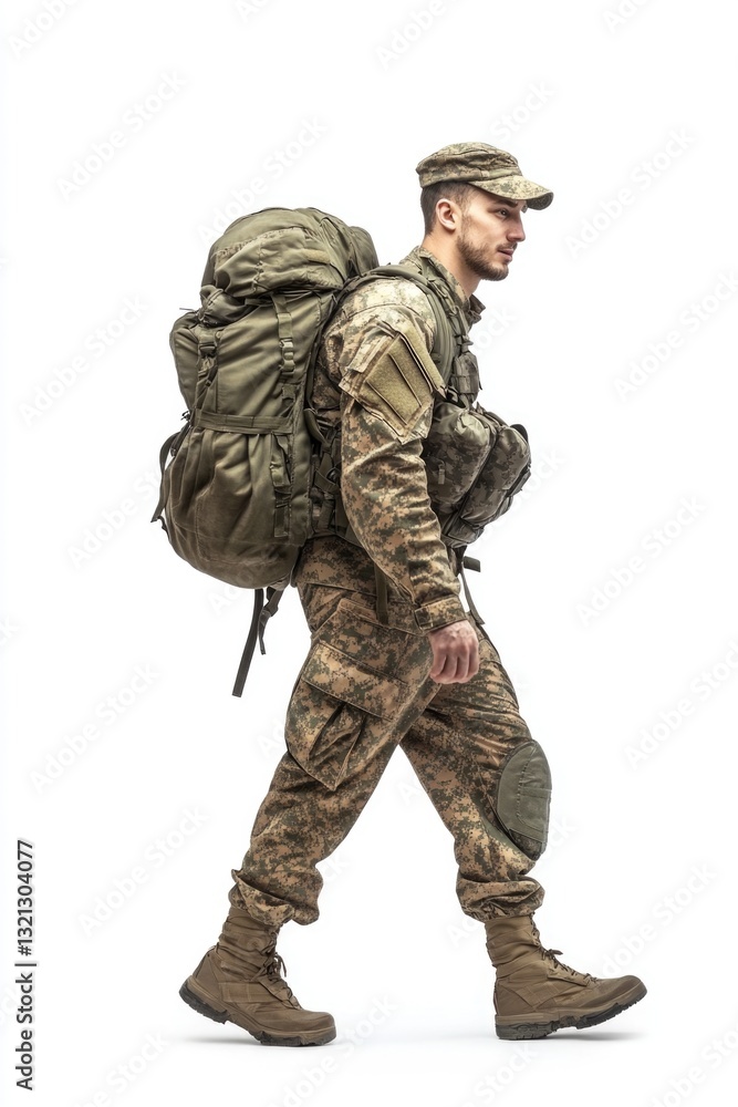 A person wearing camouflage clothing and carrying a backpack walks through the wilderness A person wearing camouflage clothing and carrying a backpack walks through the wilderness