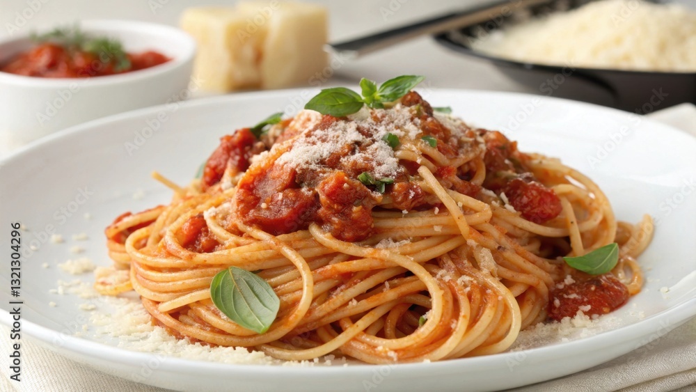 A delicious plate of spaghetti topped with tomato sauce, cheese, and fresh basil, served alongside grated cheese and a small bowl of sauce. A delicious plate of spaghetti topped with tomato sauce, cheese, and fresh basil, served alongside grated cheese and a small bowl of sauce.