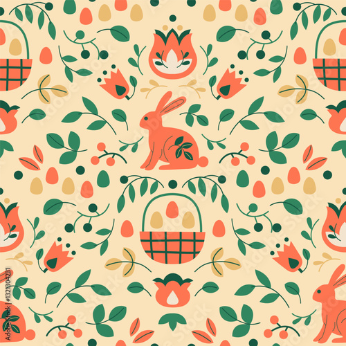 Easter scandi pattern with bunny, flowers and eggs. Hand-drawn vector illustration in flat style.