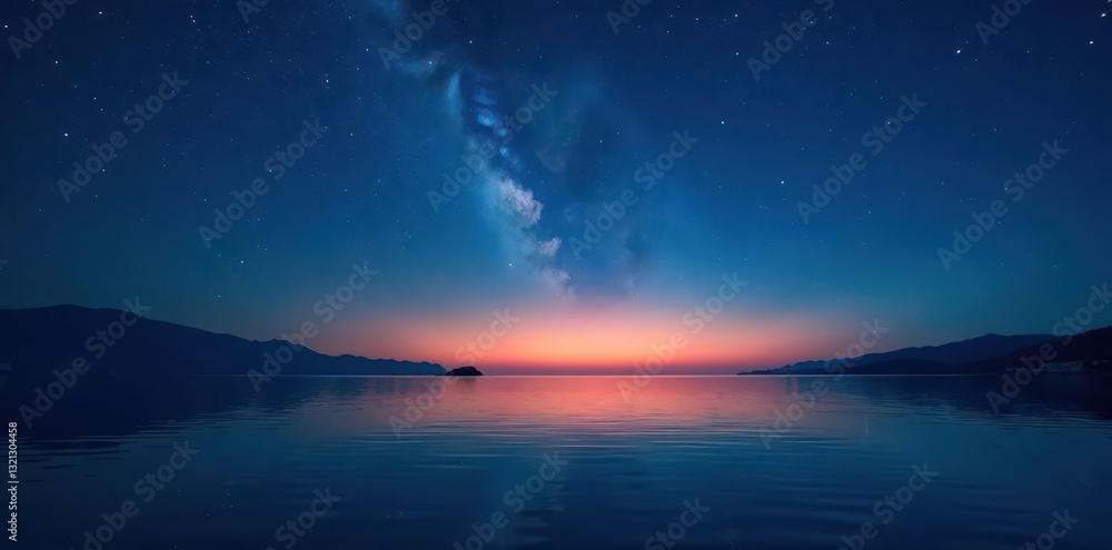 Fototapeta premium Dark Sicilian sky, stars reflecting on calm sea, universe, coast