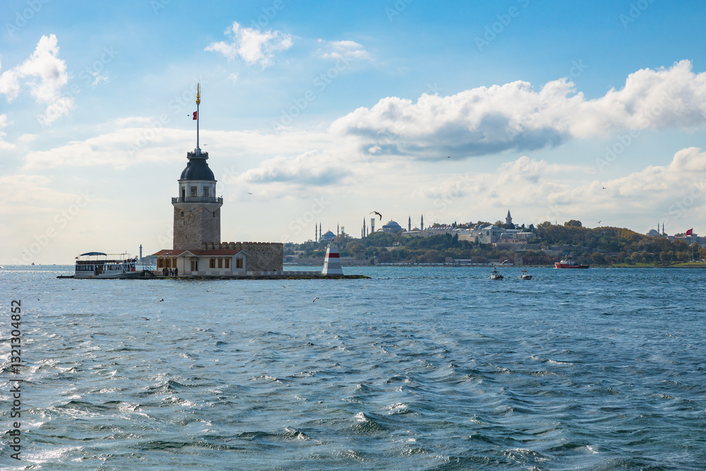Fototapeta premium Istanbul background photo. Maiden's Tower with cityscape of Istanbul