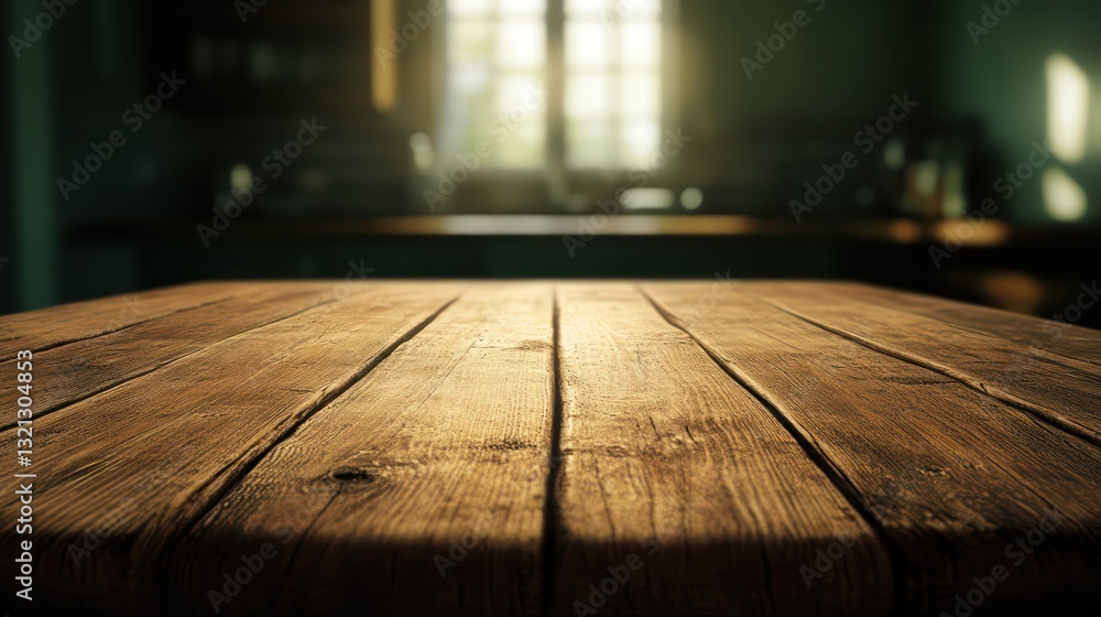 Sunlit rustic wooden table, kitchen background Sunlit rustic wooden table, kitchen background