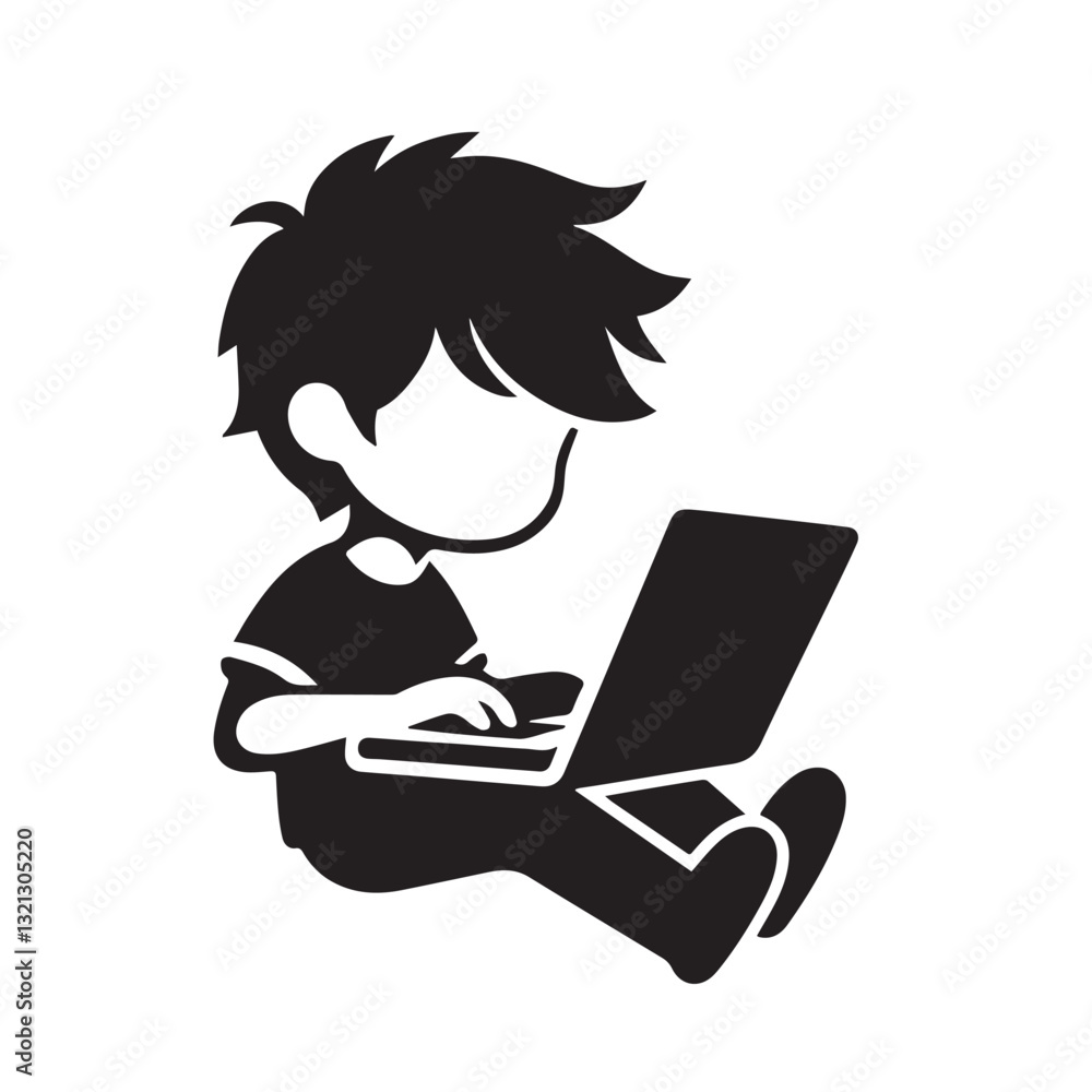 Child using laptop vector silhouette design. Children using laptop vector illustration. Child using laptop vector silhouette design. Children using laptop vector illustration.
