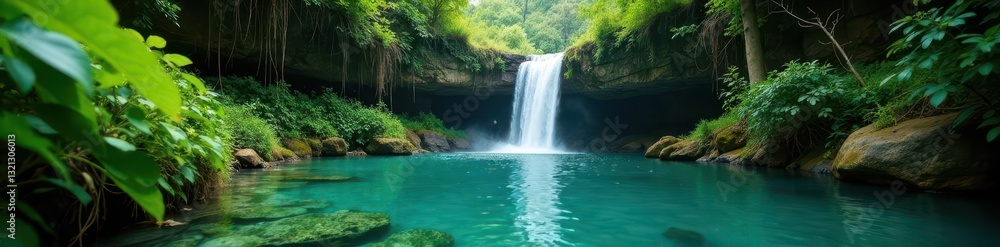 Fototapeta premium Hidden waterfall plunges into emerald pool, lush vegetation , rainforest, plants