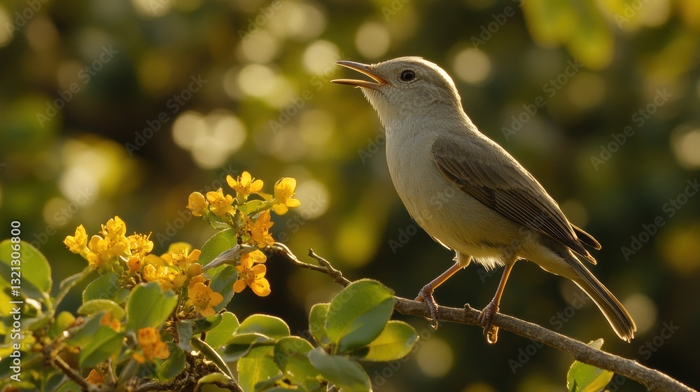Fototapeta premium Bird singing on a blooming branch, the forest behind softly blurred