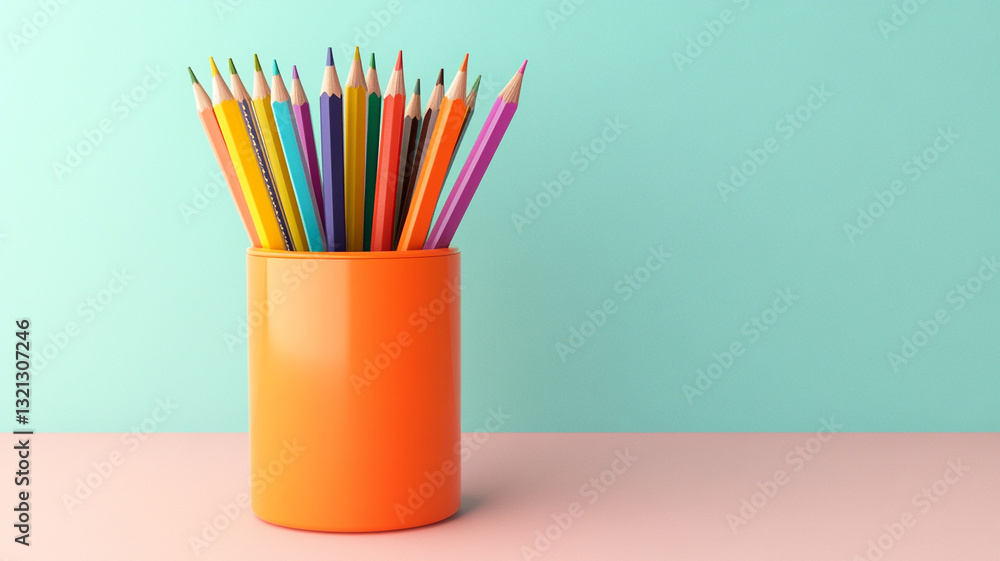 Fototapeta premium colorful pencils in pen holder isolated on a pastel background