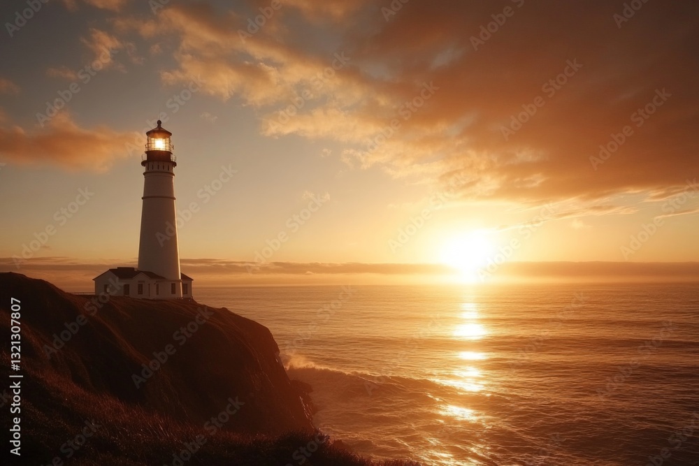 Stunning sunset view at coastal lighthouse highlighting ocean and rocky cliffs Stunning sunset view at coastal lighthouse highlighting ocean and rocky cliffs