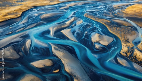 Intricate river patterns, vibrant blues and golds, aerial view of Iceland's landscape