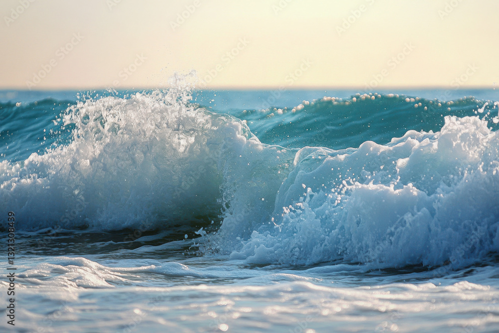 Obraz premium Powerful ocean waves crashing onto the shore, wide shot