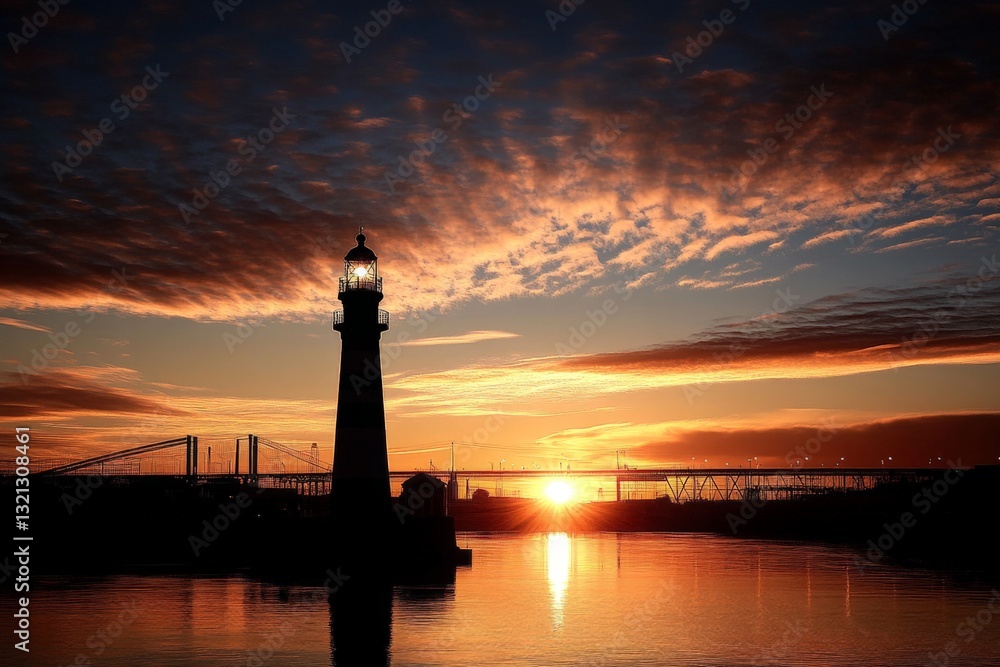 Fototapeta premium Stunning sunset over lighthouse with colorful clouds and reflecting water at evening