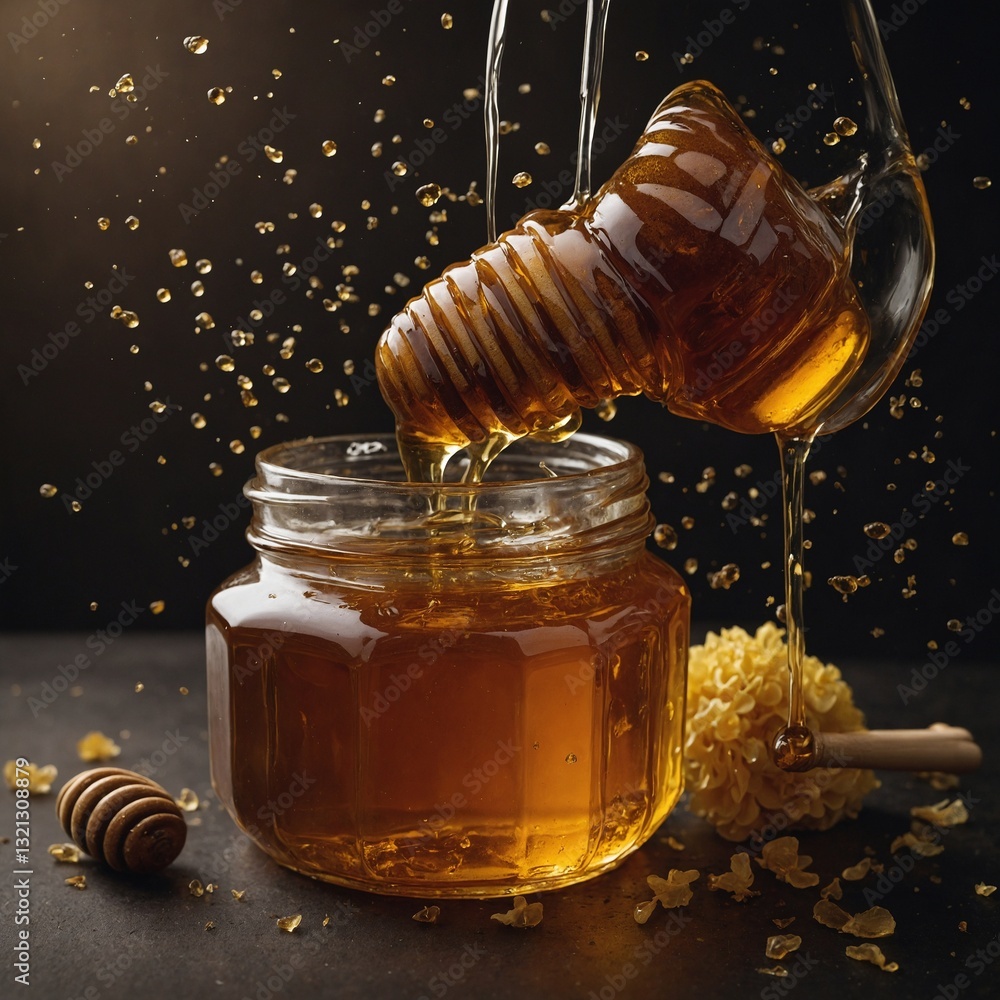 A jar of honey, a wholesome ingredient that enhances the flavor of your food A jar of honey, a wholesome ingredient that enhances the flavor of your food