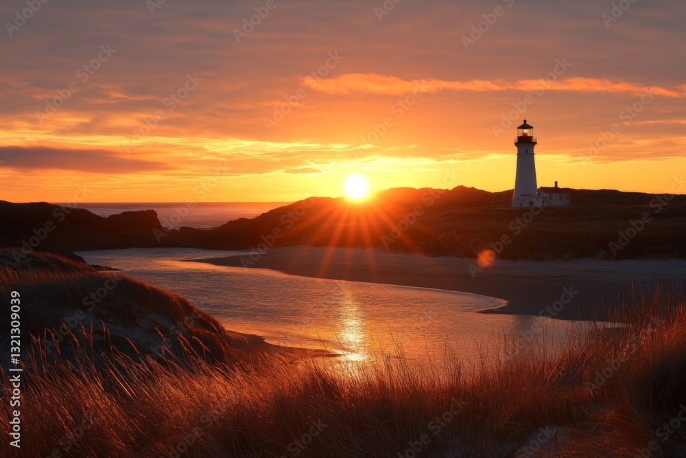 Fototapeta premium Sunset over a serene coastline with a lighthouse illuminating the horizon at dusk