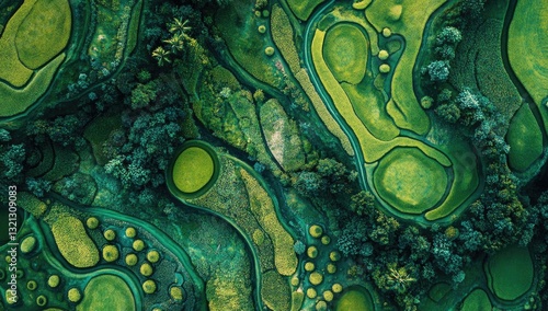 Abstract golf course design, aerial view. Lush green fairways and greens, winding paths, surrounded by trees