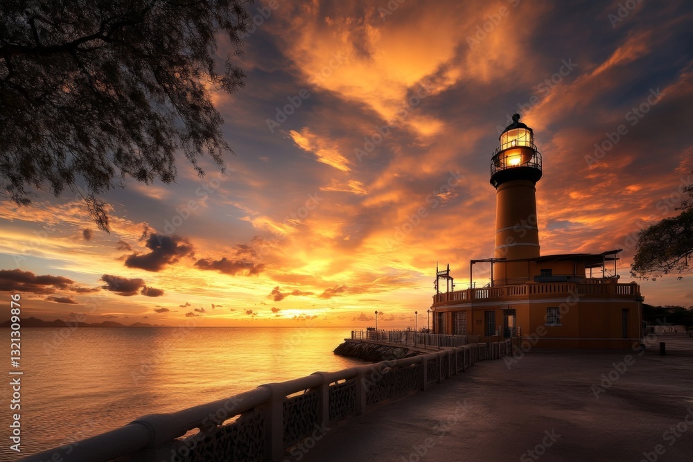 Lighthouse illuminated by sunset glow over calm waters in a serene coastal setting Lighthouse illuminated by sunset glow over calm waters in a serene coastal setting