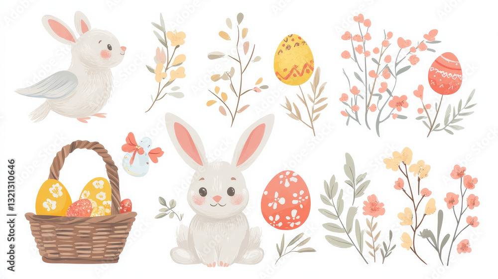 Adorable Easter set featuring a basket, painted eggs, birds, and rabbits. Traditional Christmas décor with a cute Easter bunny. Adorable Easter set featuring a basket, painted eggs, birds, and rabbits. Traditional Christmas décor with a cute Easter bunny.