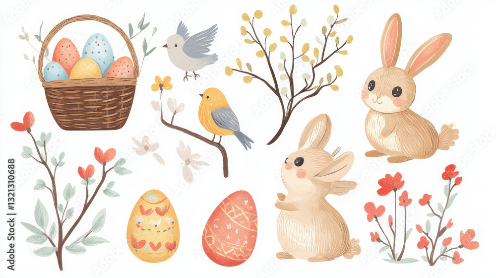 Adorable Easter set featuring a basket, painted eggs, birds, and rabbits. Traditional Christmas décor with a cute Easter bunny. Adorable Easter set featuring a basket, painted eggs, birds, and rabbits. Traditional Christmas décor with a cute Easter bunny.