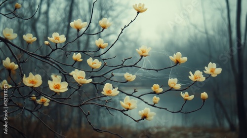 Beautiful flowering magnolia branches covered with delicate cream-colored blooms and fine spider webs, moody background, soft focus